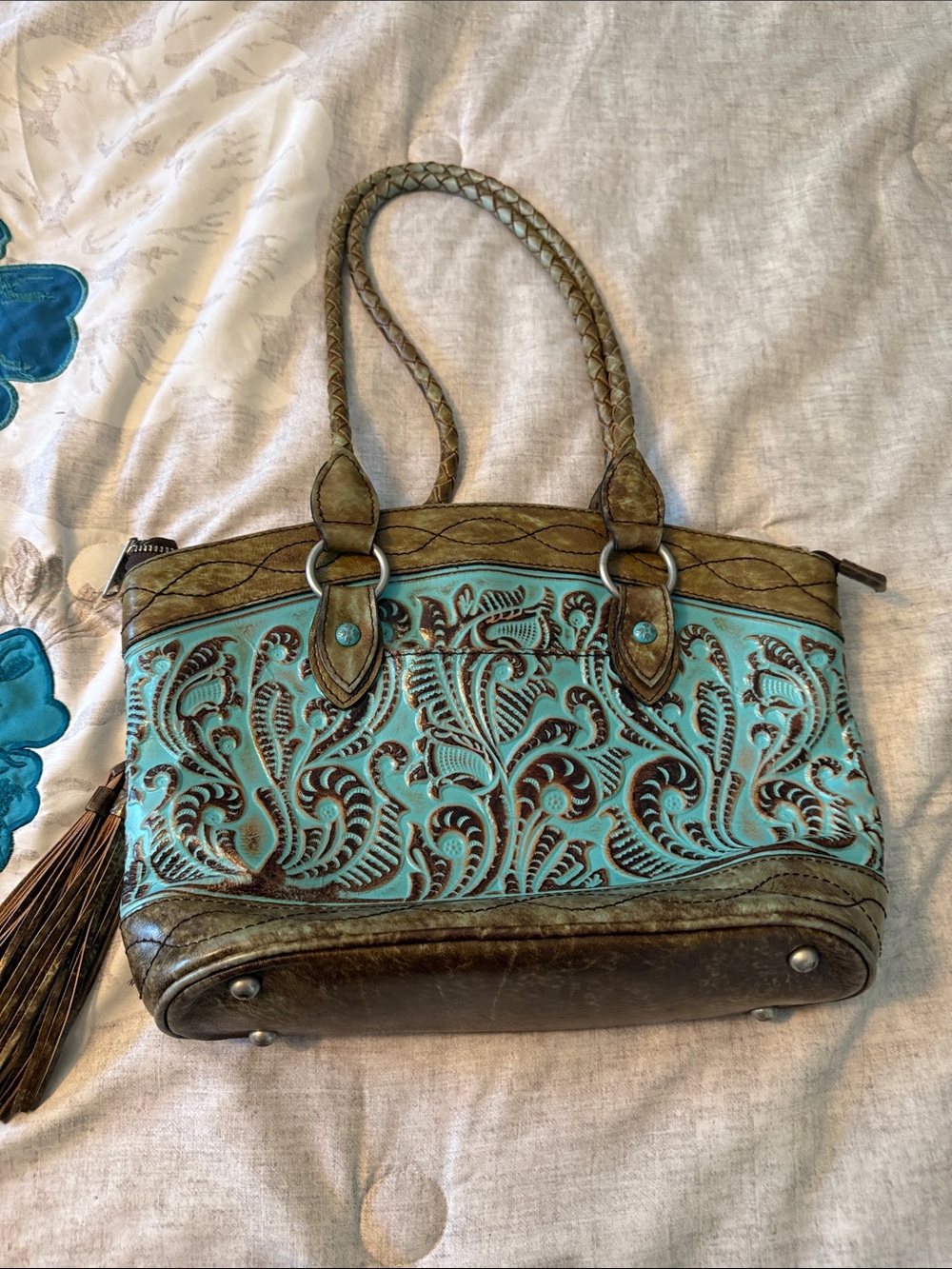 Patricia Nash Turquoise & Brown Tooled Leather Shoulder Bag